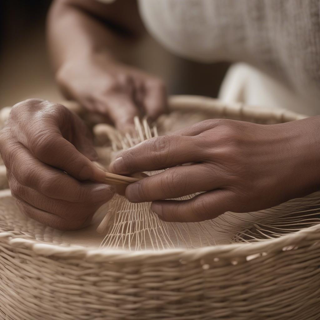 Close-up of hands weaving a basket using traditional techniques