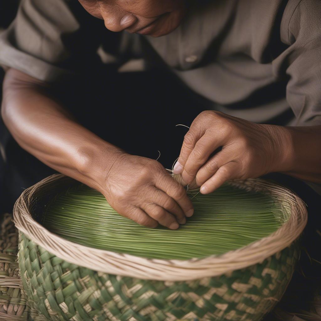 A skilled artisan demonstrating traditional Malaysian basket weaving techniques using pandan leaves.