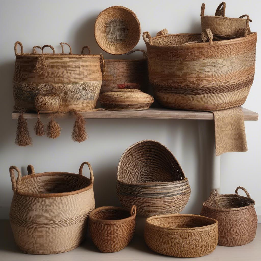 A variety of traditional Spanish baskets, showcasing different sizes, shapes, and weaving patterns.