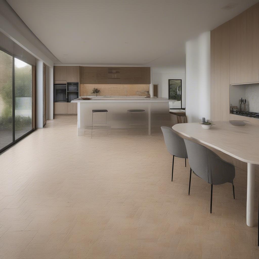 Travertine and wood floor combination in an open-plan living area