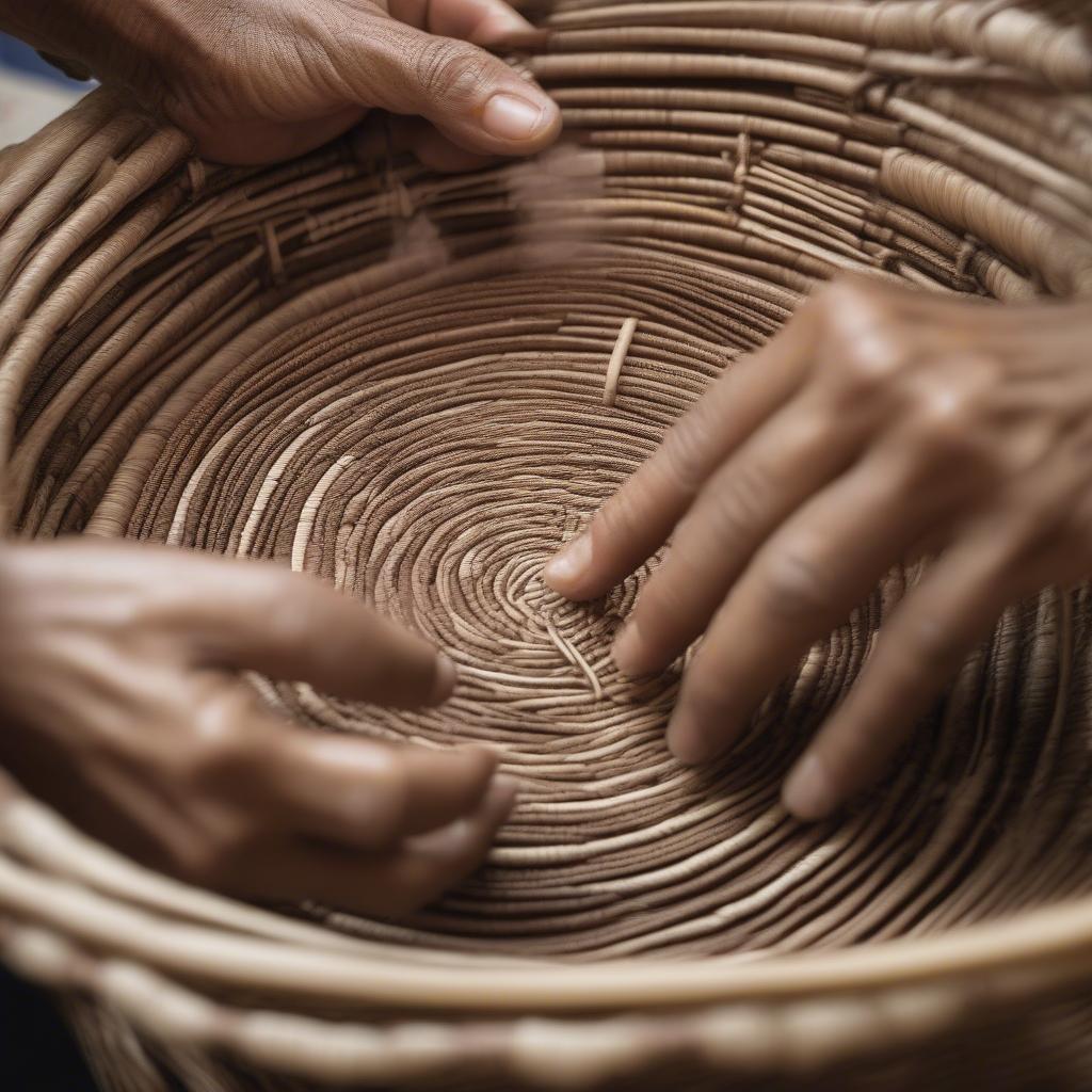 Close-Up of Hands Demonstrating Traditional Tribal Basket Weaving Techniques