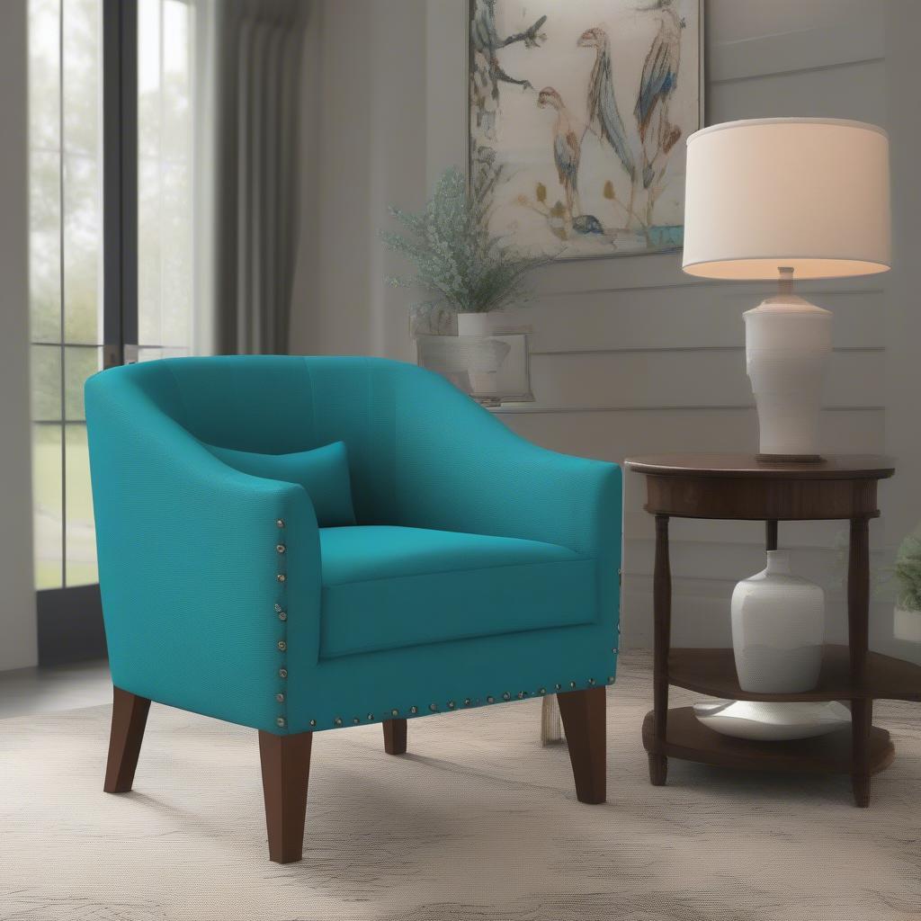 Turquoise slub weave English arm chair placed in a living room setting