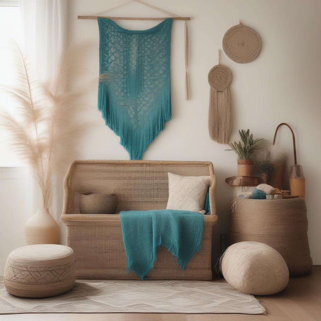 Turquoise weave basket in a bohemian living room setting