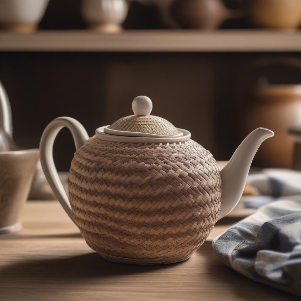 Close-up view of a Tuscany Collection Nantucket basket weave tea pot showcasing its intricate woven pattern.