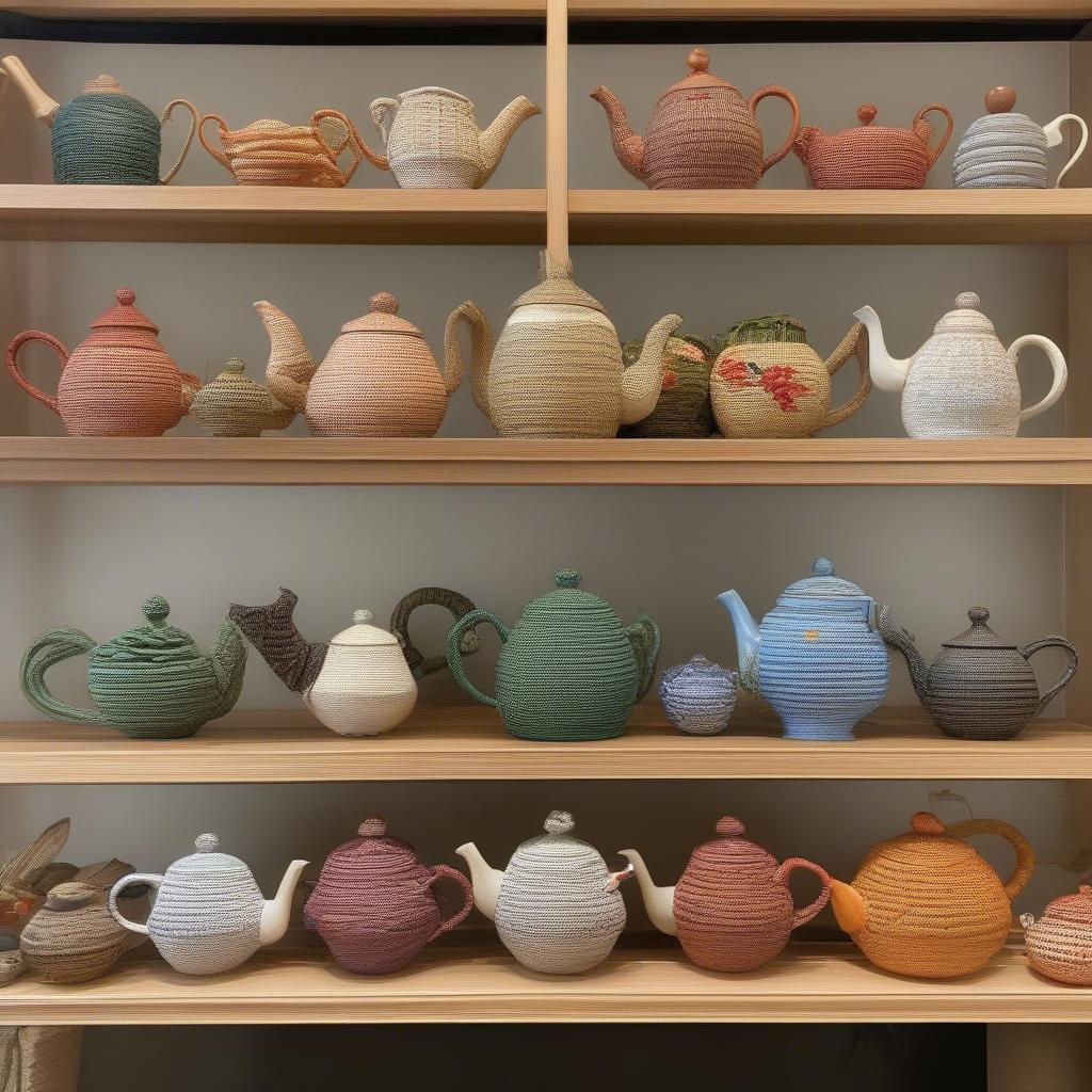 Display of various Tuscany Collection Nantucket basket weave tea pots in different sizes and styles, highlighting the diversity within the collection.