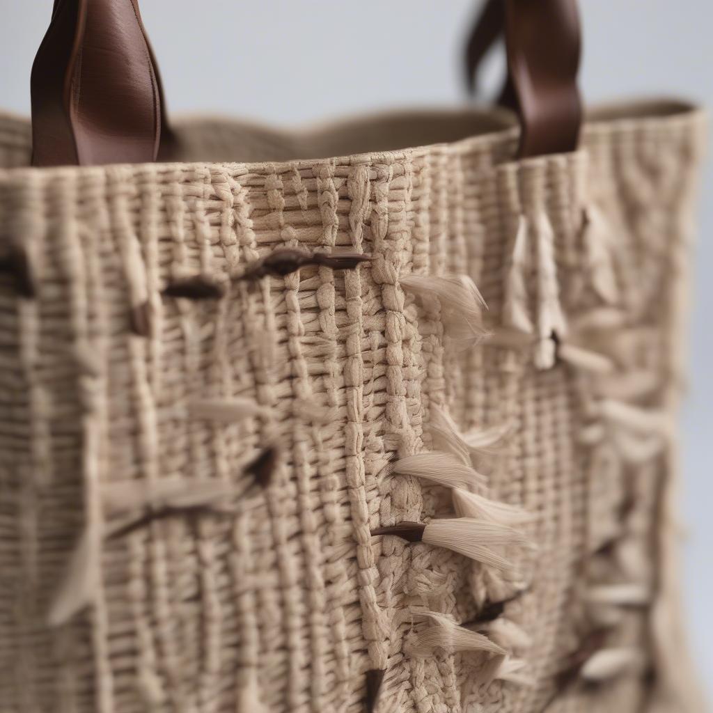 Close-up of a Twig & Arrow Embellished Woven Tote Bag