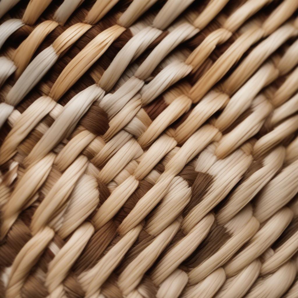 Close-up of twill and herringbone patterns woven into a basket using natural fibers.