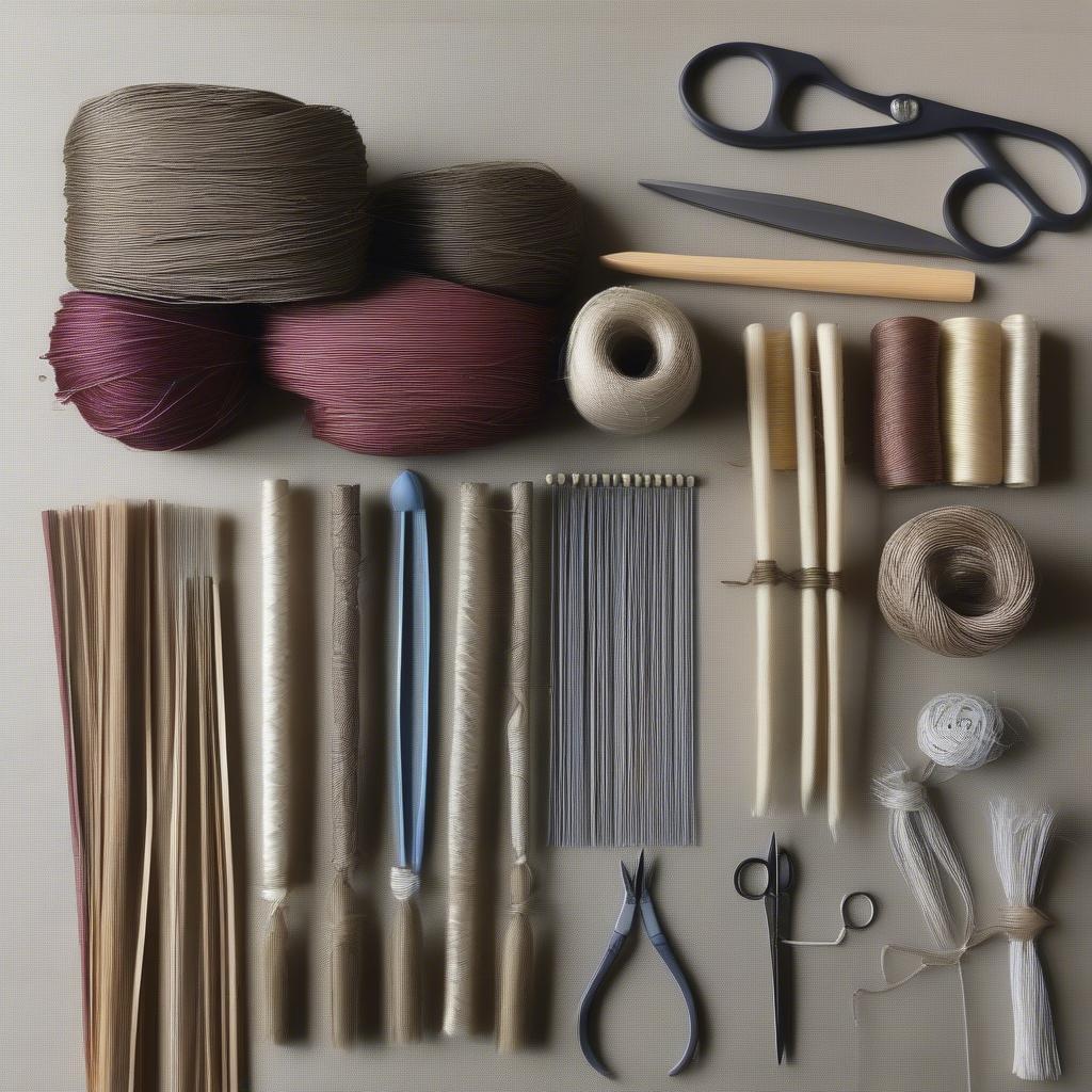 Twine, needles, and scissors for bag weaving