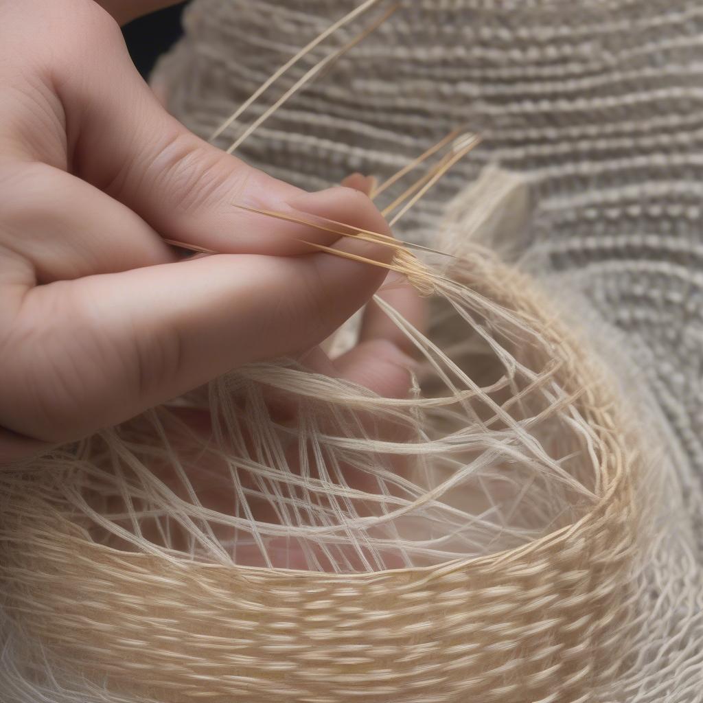 Close-up of twining technique for miniature basketry