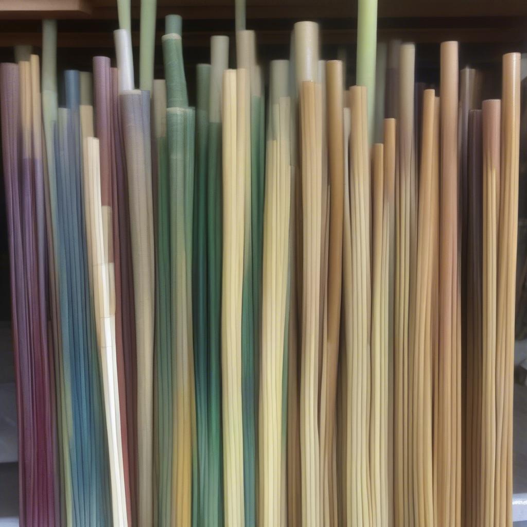 Different types of dyed reeds for basket weaving, including flat reed, round reed, and seagrass.