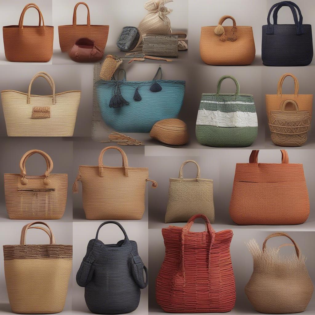 A collection of different types of woven bags produced in Indonesia showcasing their versatility.