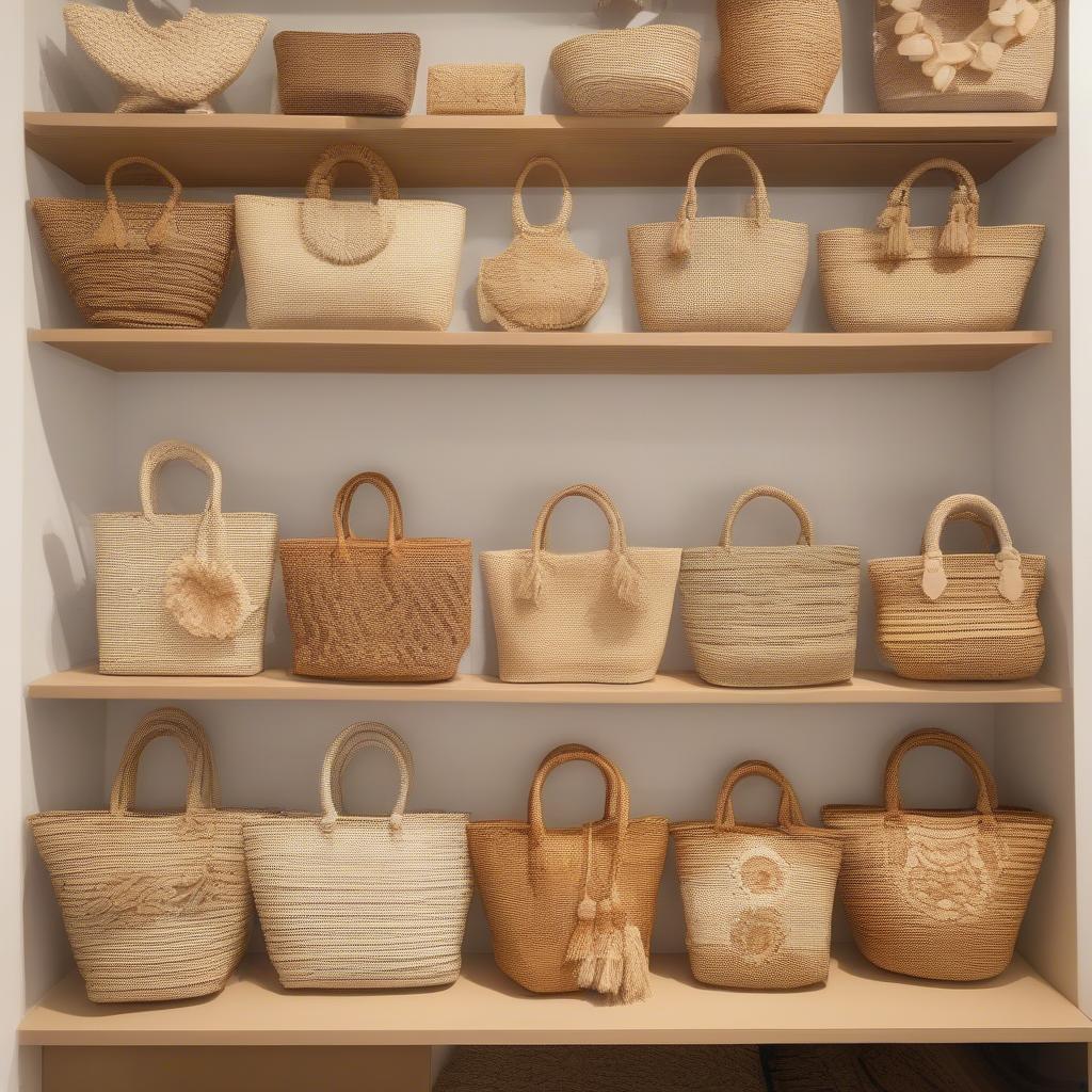 Different types of woven straw bags on display