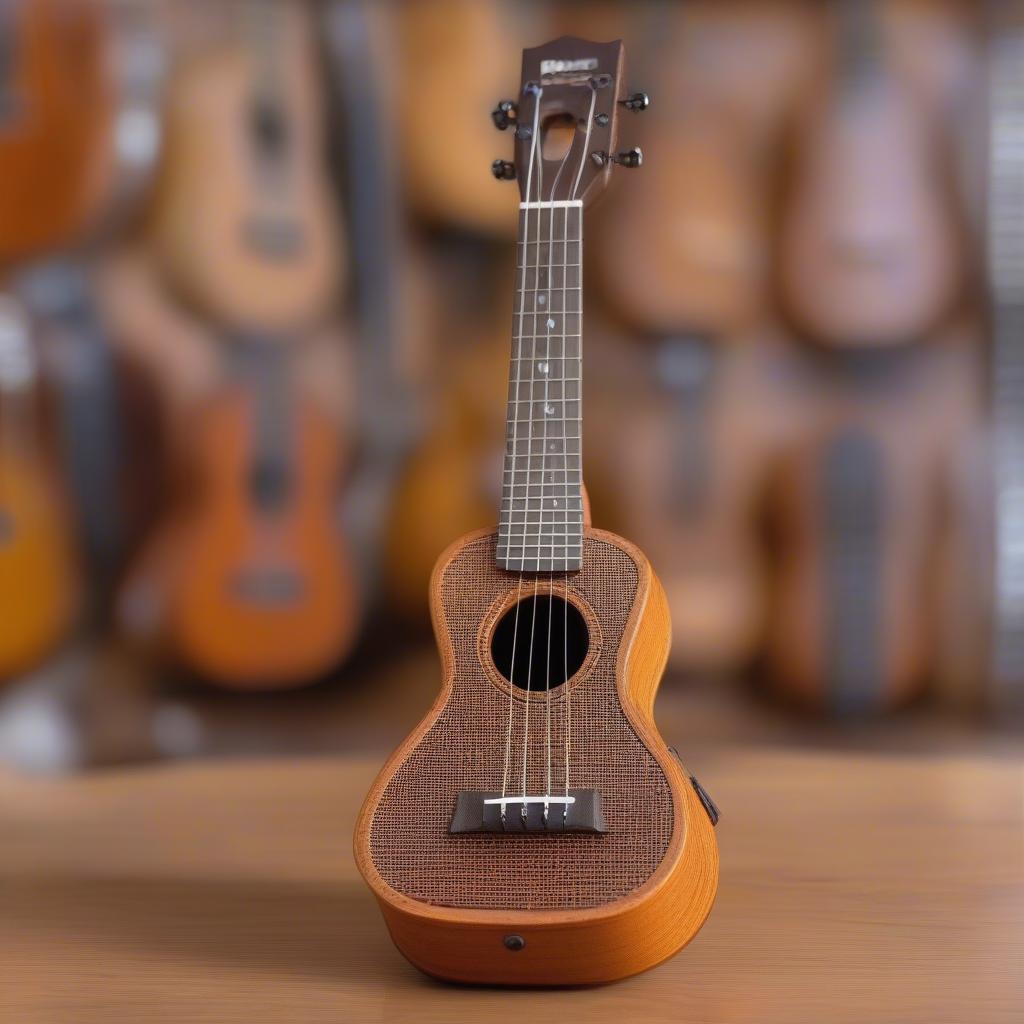 A ukulele nestled securely inside its basket weave hard case