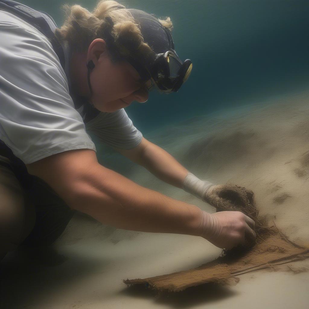 Underwater archaeologist carefully excavating a delicate artifact.