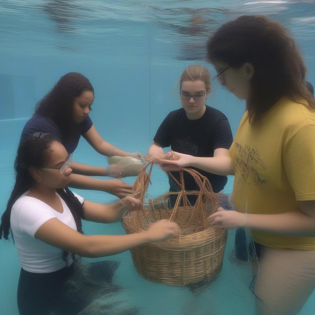 Students learning underwater basket weaving in a pool