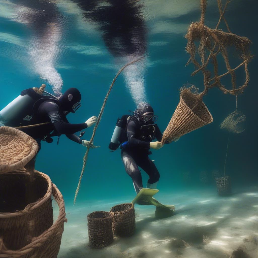 Divers Weaving Baskets Underwater