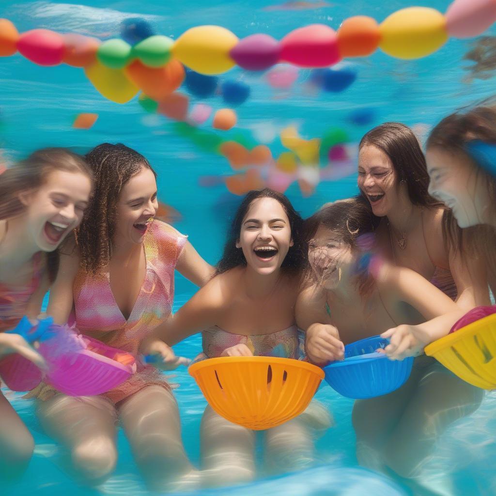 Group of friends playing underwater basket weaving game