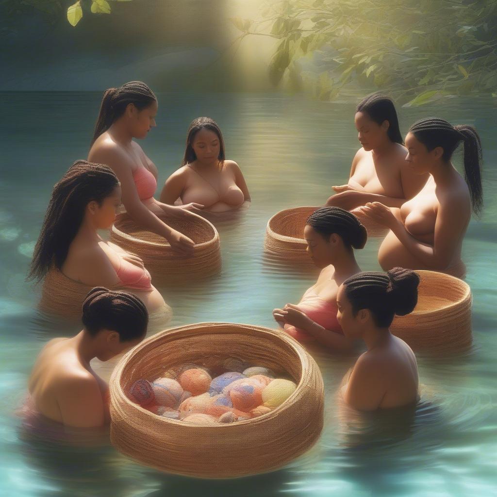 Pregnant women practicing underwater basket weaving in a clear pool.