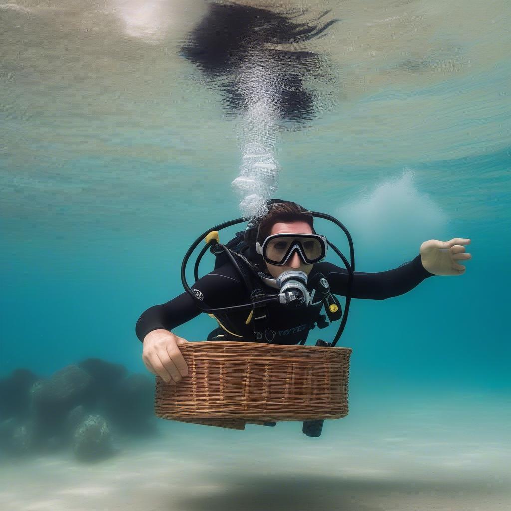 Scuba diver weaving a basket underwater.