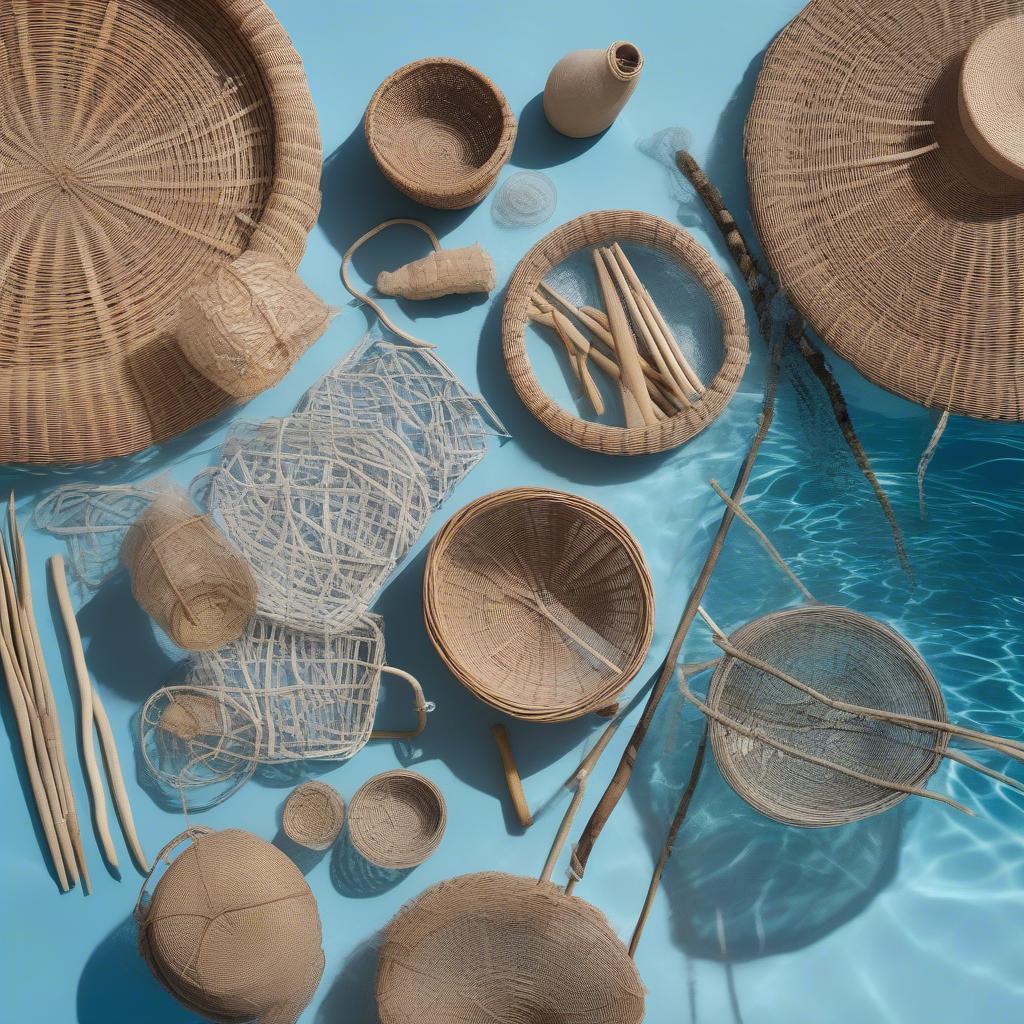 Basket weaving tools and materials laid out beside a pool