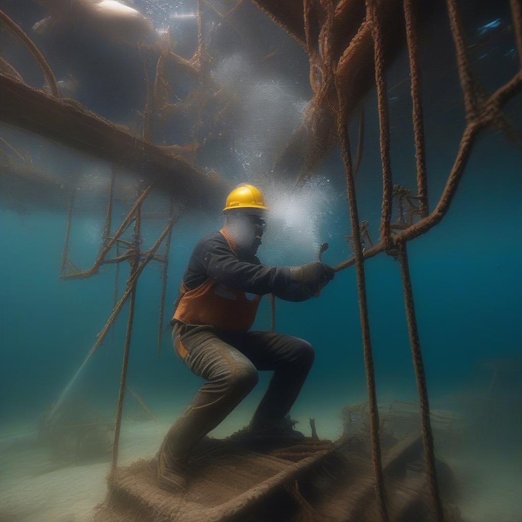 Underwater construction worker using specialized tools.