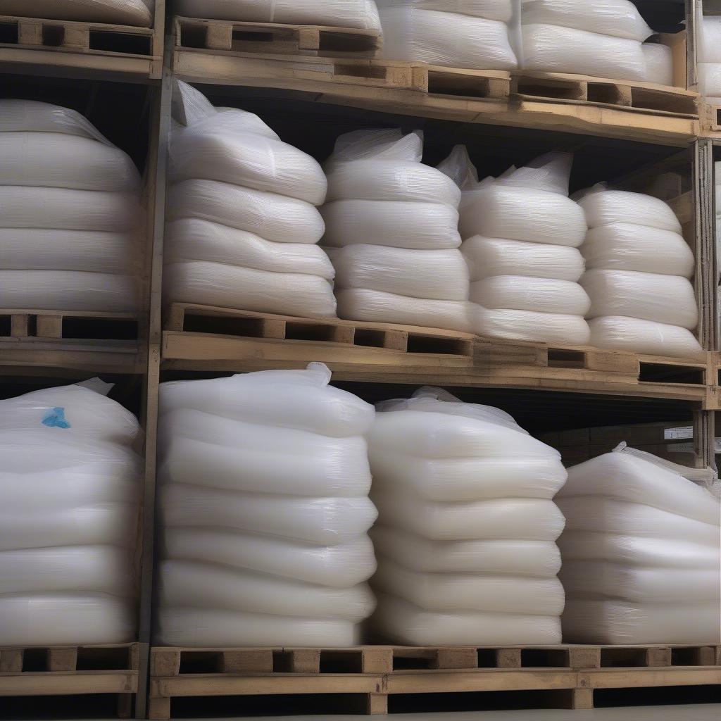 Used Polypropylene Woven BOPP Bags Stacked in a Warehouse