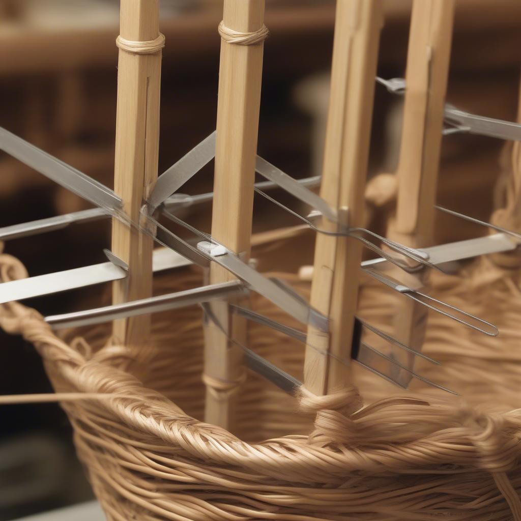 Close-up view of clamps securing wicker strands while weaving a basket