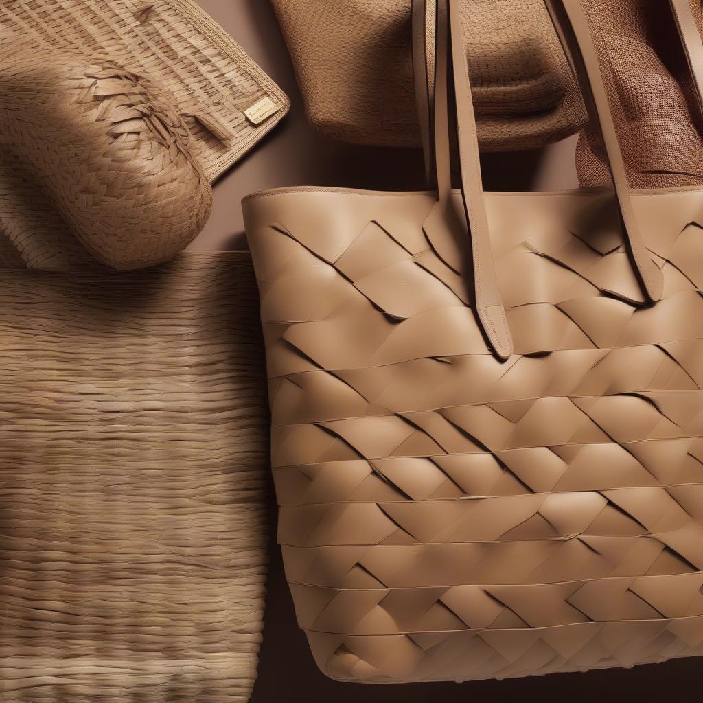 Various materials used in creating Valentino woven tote bags, including leather, raffia, and straw.