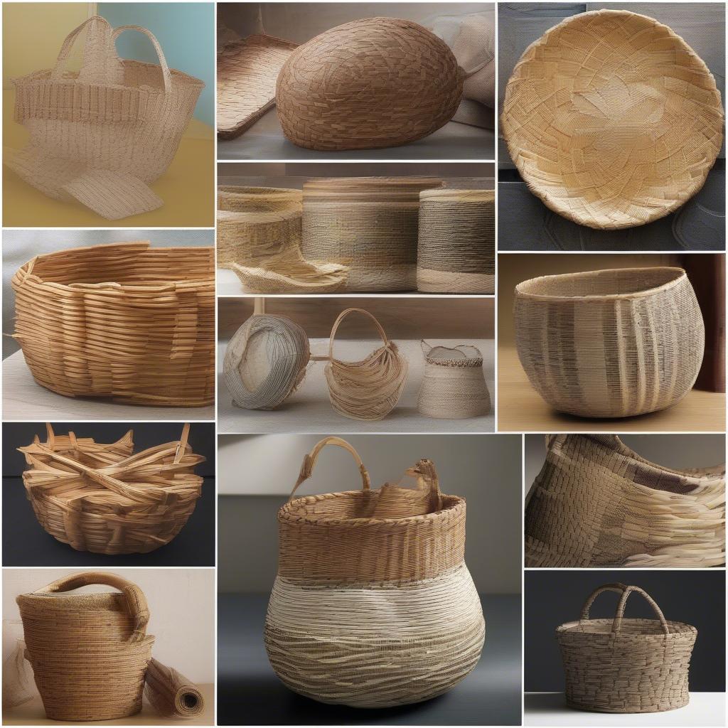 Different basket weaving styles and techniques displayed in various baskets