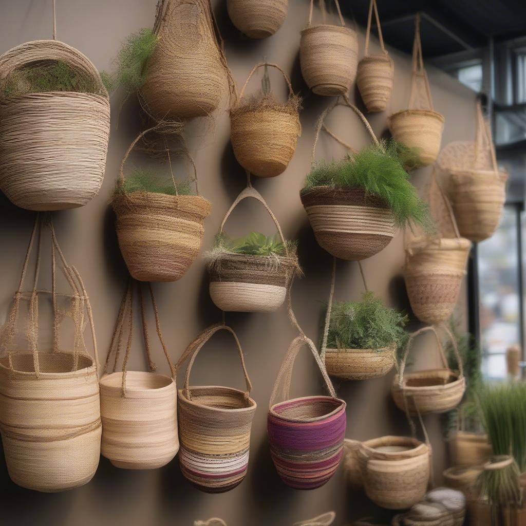 A variety of eco-friendly hanging baskets on display at a craft market.