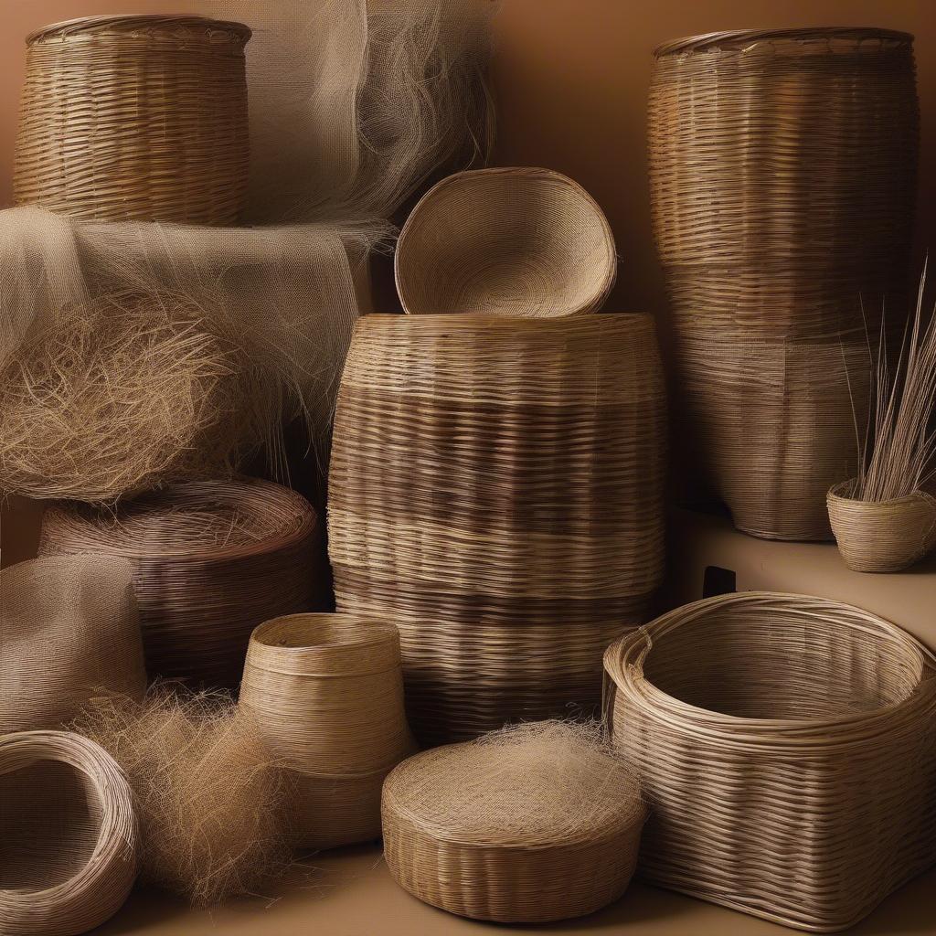 A variety of natural materials used in basket weaving, including willow, rattan, reeds, and grasses.