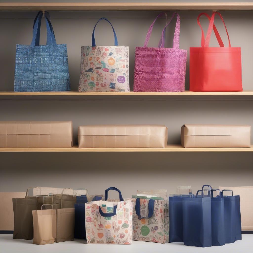 Different types and colors of non-woven supermarket bags displayed.