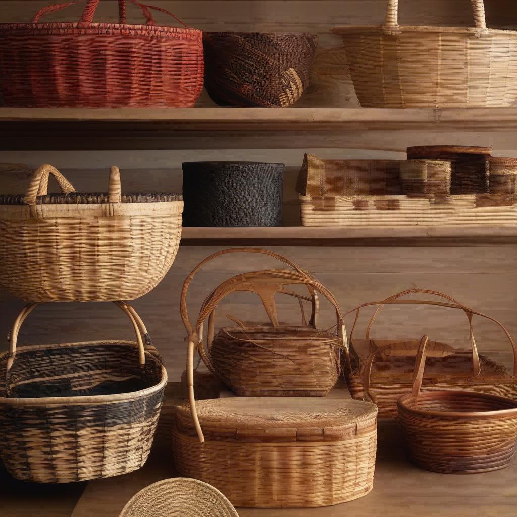 A display of diverse American baskets, showcasing different styles, materials, and techniques