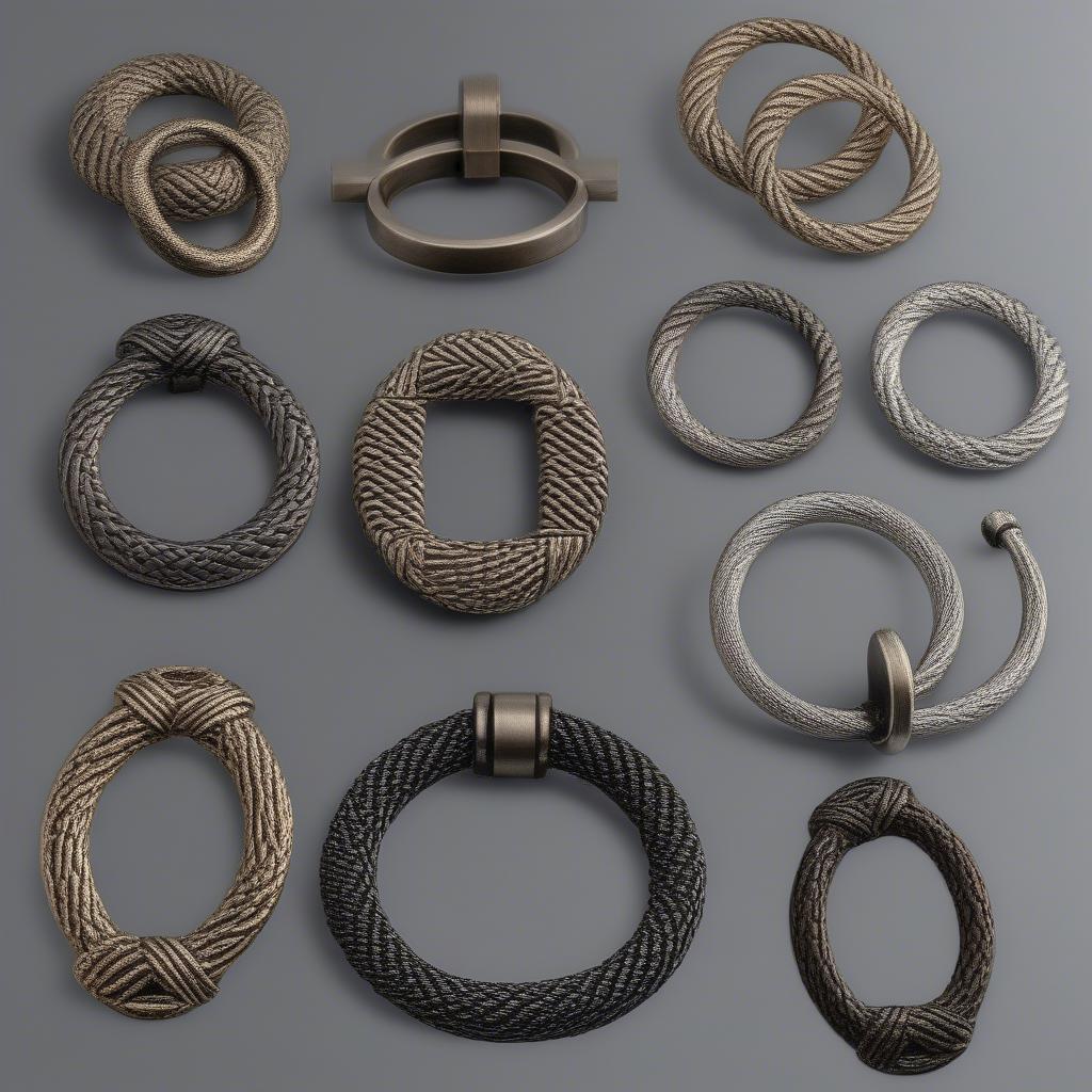 Different finishes available for Armac Basket Weave Ring Pulls, showcasing the variety of options to match diverse furniture styles.