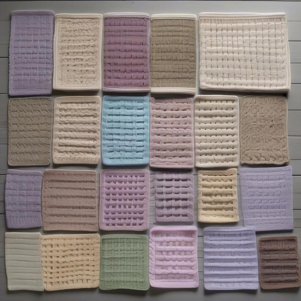 Different basket weave baby afghan patterns displayed on a table