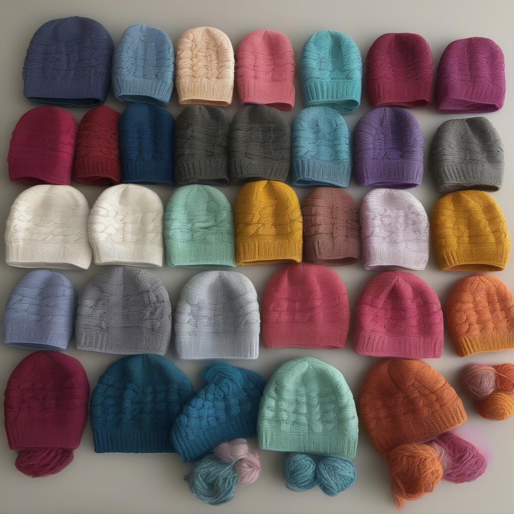 A collection of basket weave beanies in different colors and styles.