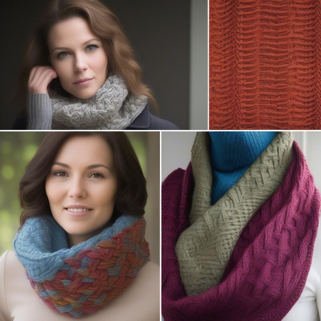 Different styles and colors of basket weave knitted cowls.