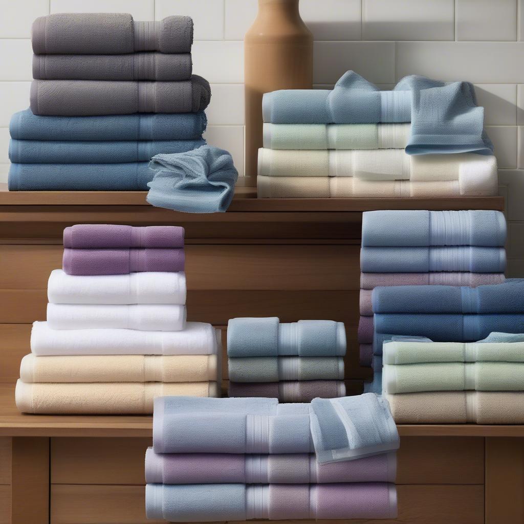 Different types of basket weave towels displayed in various colors and sizes