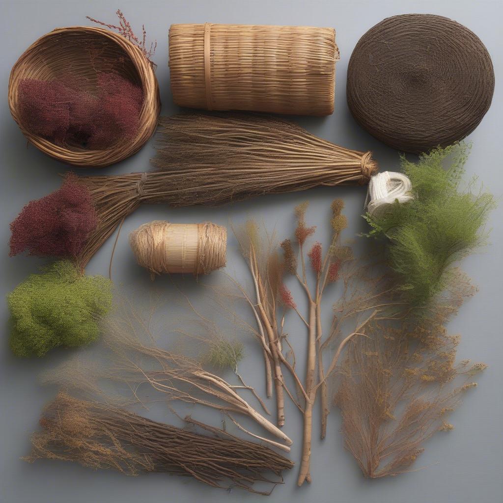 Different types of branches used in basket weaving, including willow, dogwood, and grapevine.