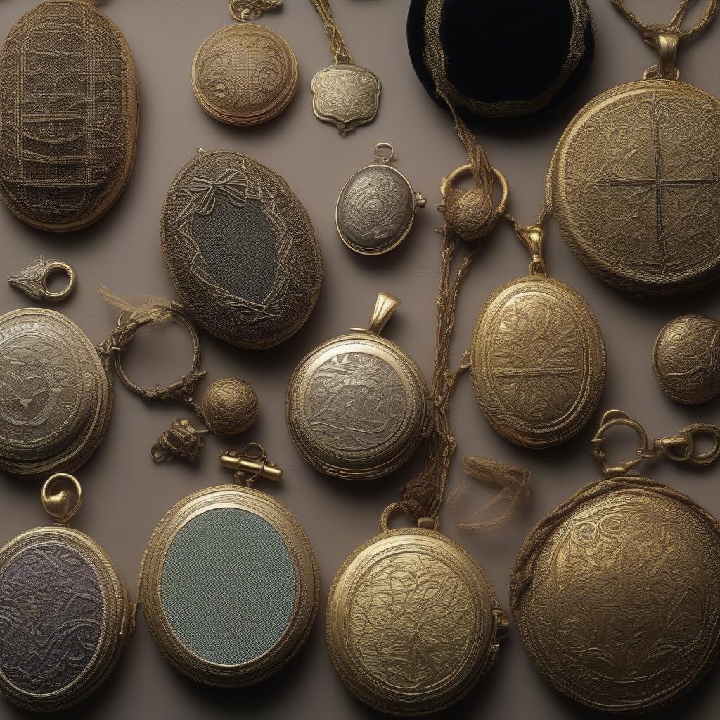 Different styles and sizes of basket weaving lockets displayed on a velvet cloth.