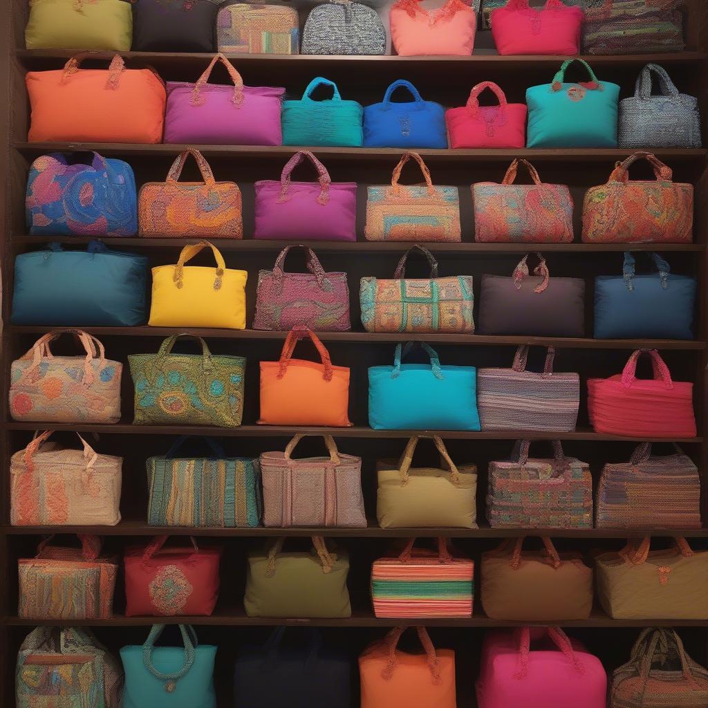 A display of various Bindya woven bags showcasing different sizes, shapes, colors, and patterns.