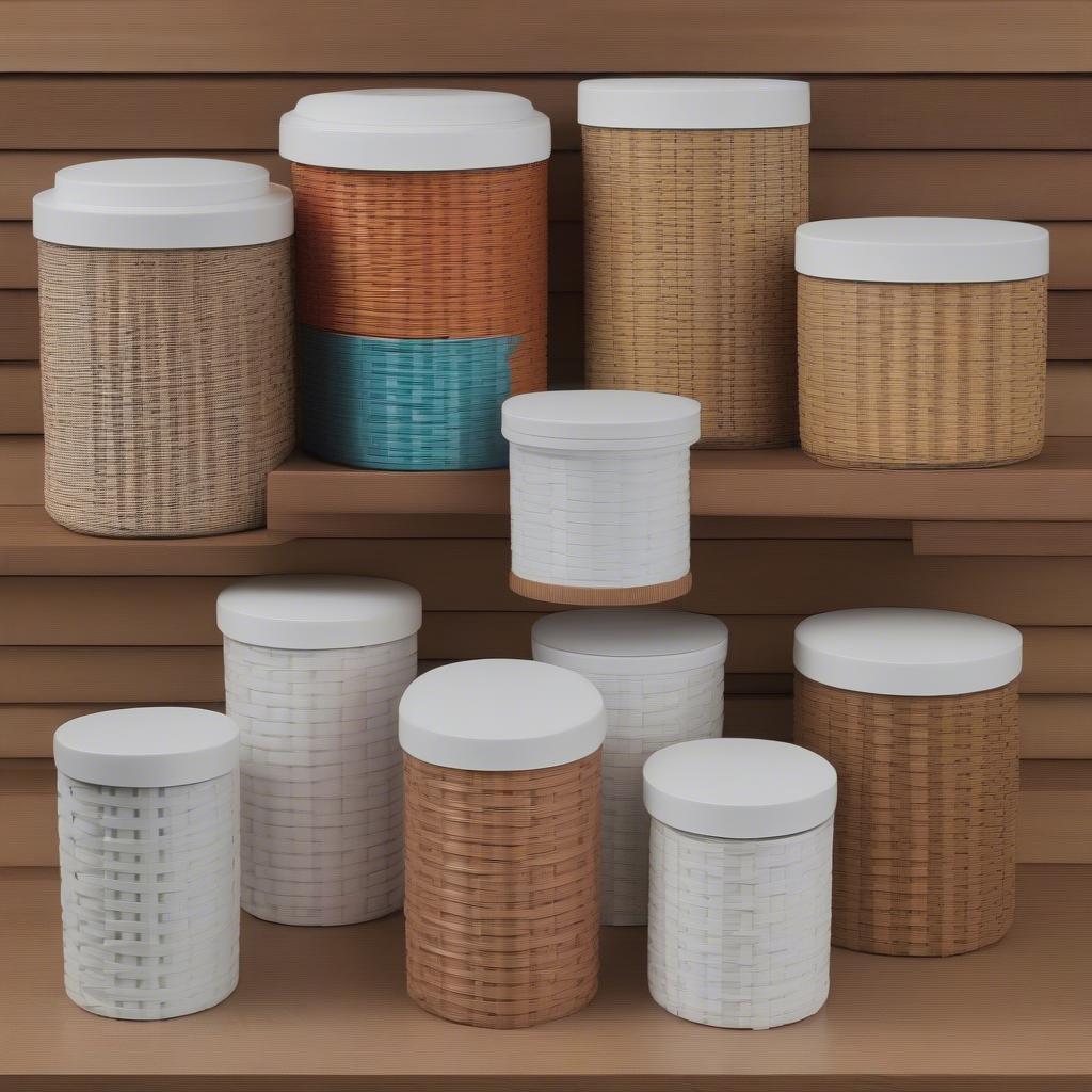 Different types of Duncan basket weave canister lids including wood and plastic options in various sizes and colors.