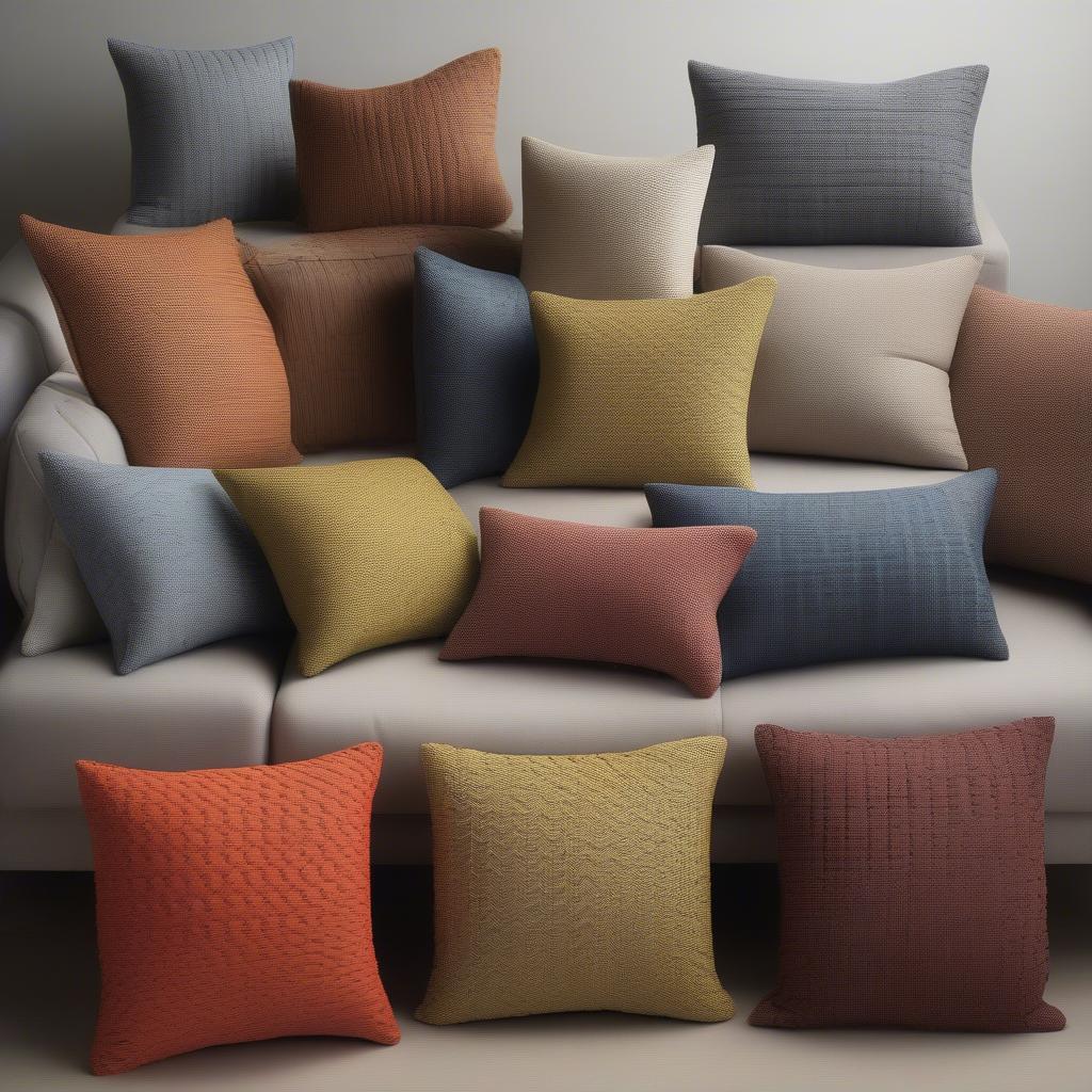 Different styles and colors of fake basket weave pillows arranged on a sofa