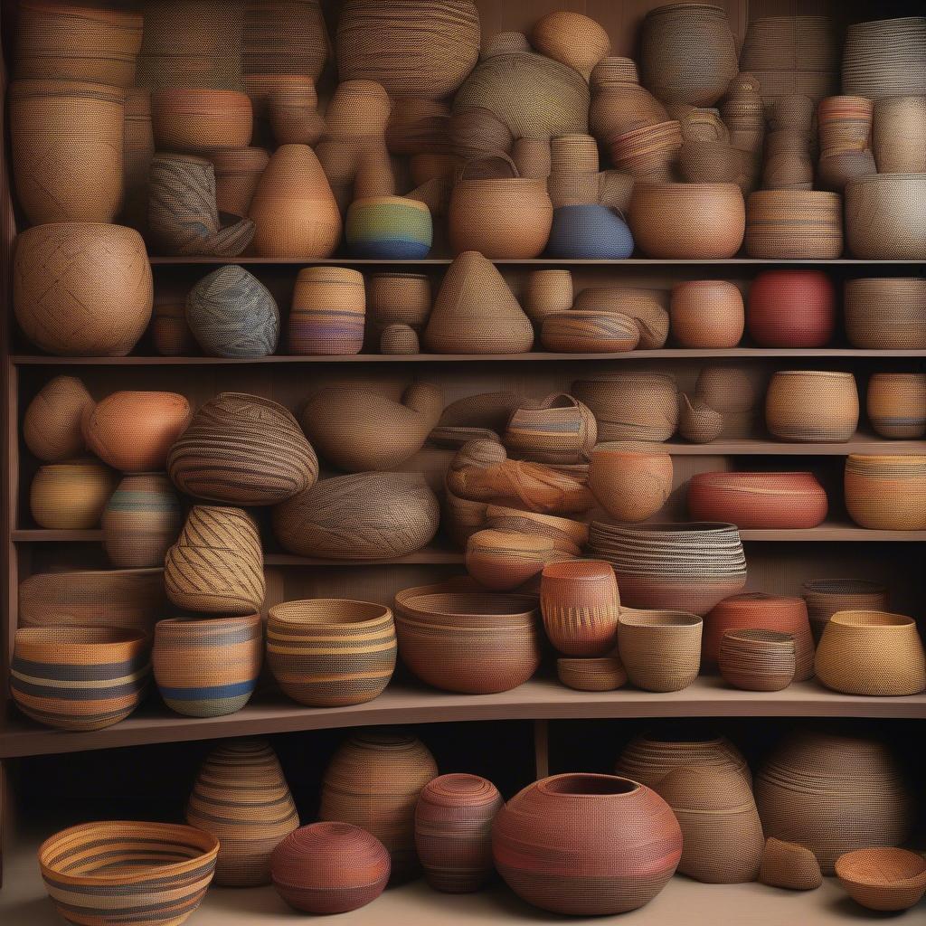 A display of various Fijian woven baskets, showcasing different sizes, shapes, and intricate patterns.