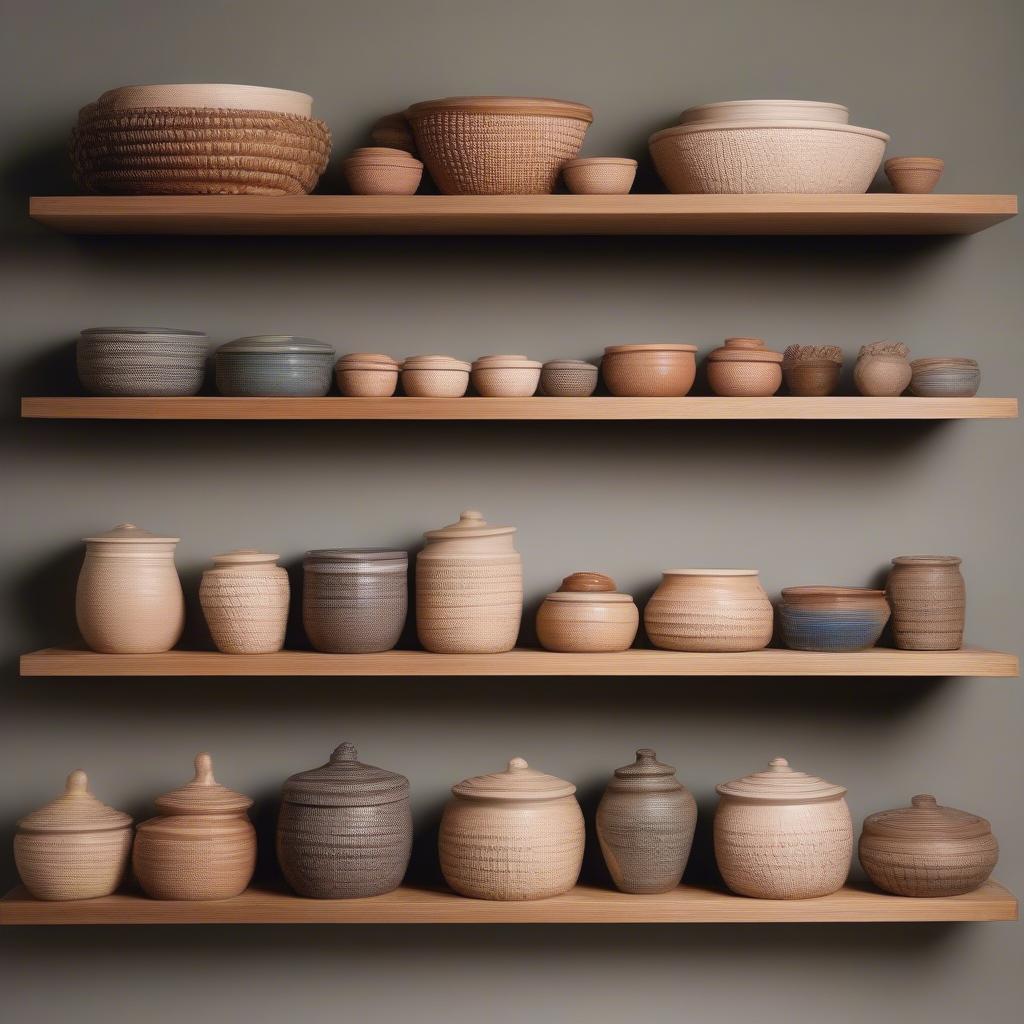 Different sizes and colors of glazed clay bakers with basket weave design displayed on a wooden shelf