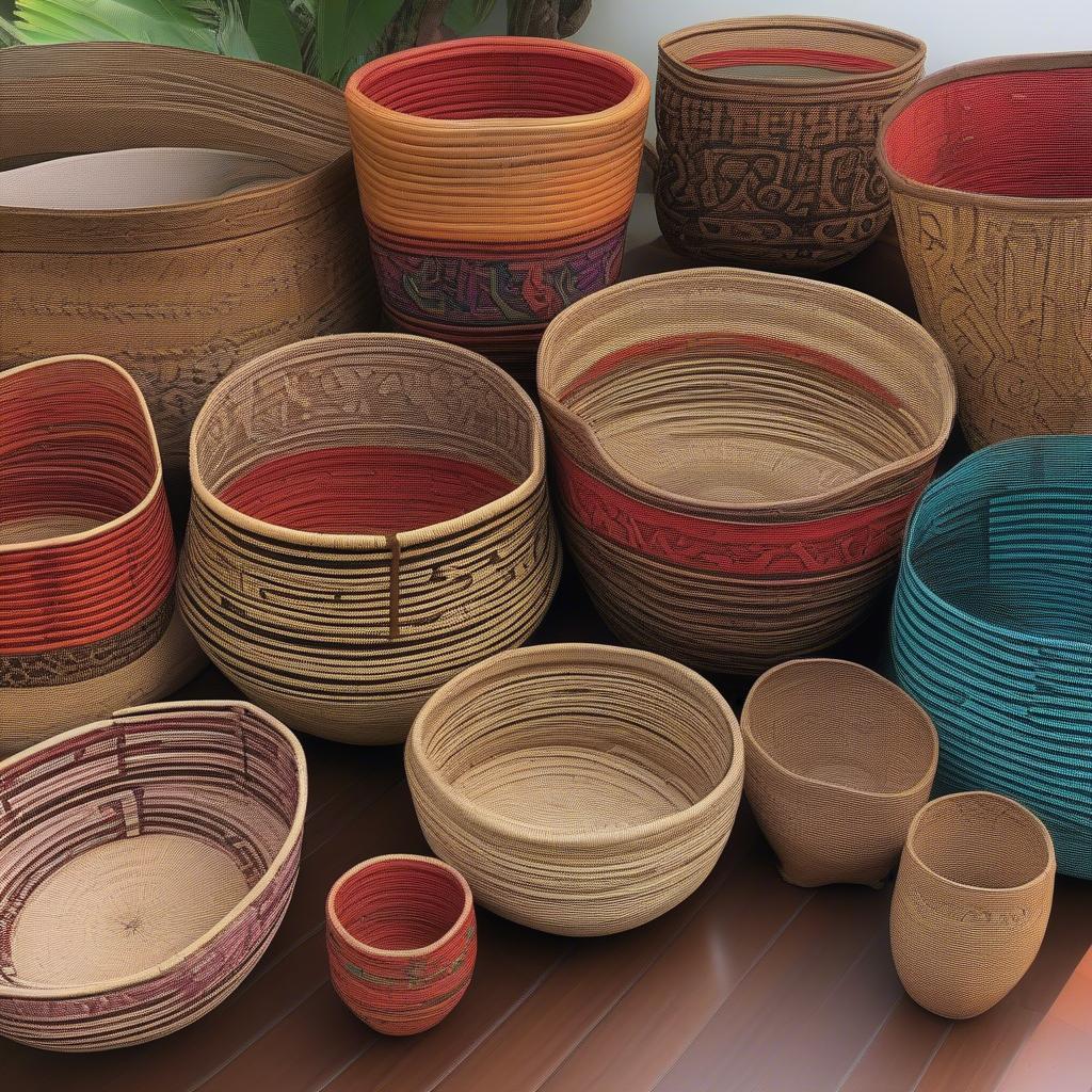 A display showcasing a wide variety of intricately woven Balinese baskets, each demonstrating unique patterns and designs.