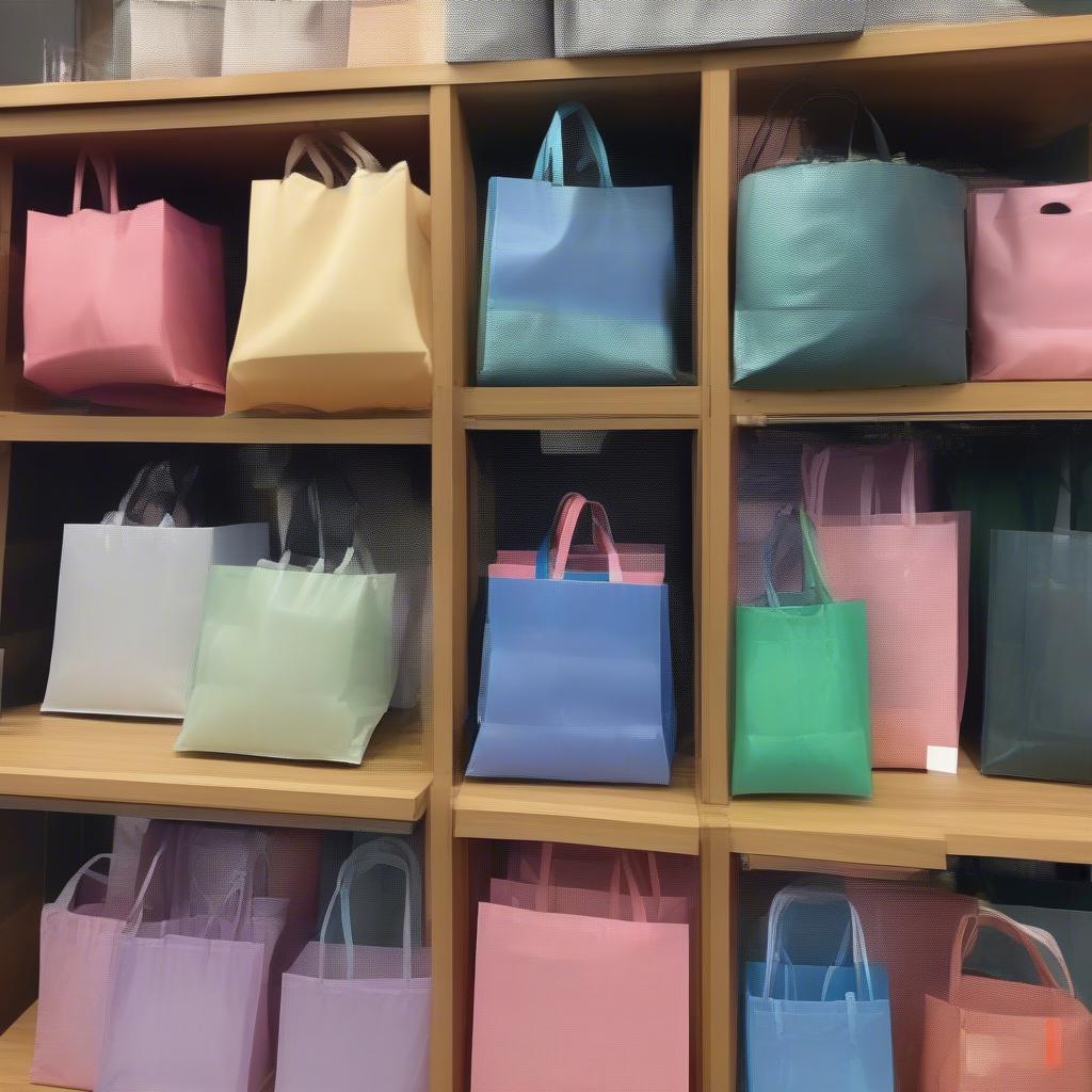 Different styles and colors of laminated woven bags displayed on shelves.