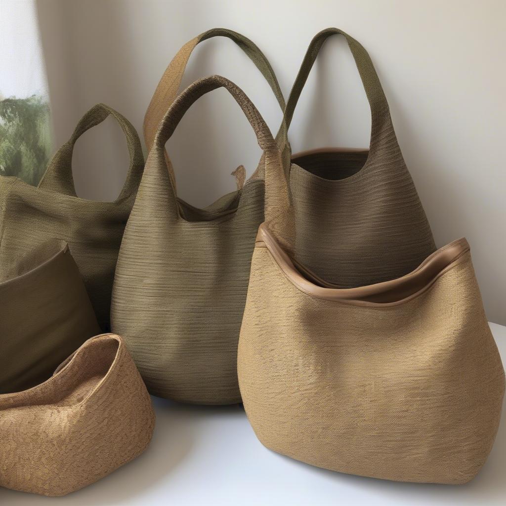 A collection of Lourmarin woven hobo bags in various sizes and colors.