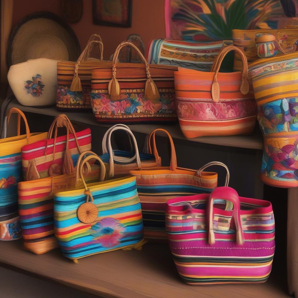 A display of various Mexican embroidered woven raffia bags showcasing different sizes, colors, and embroidery patterns.