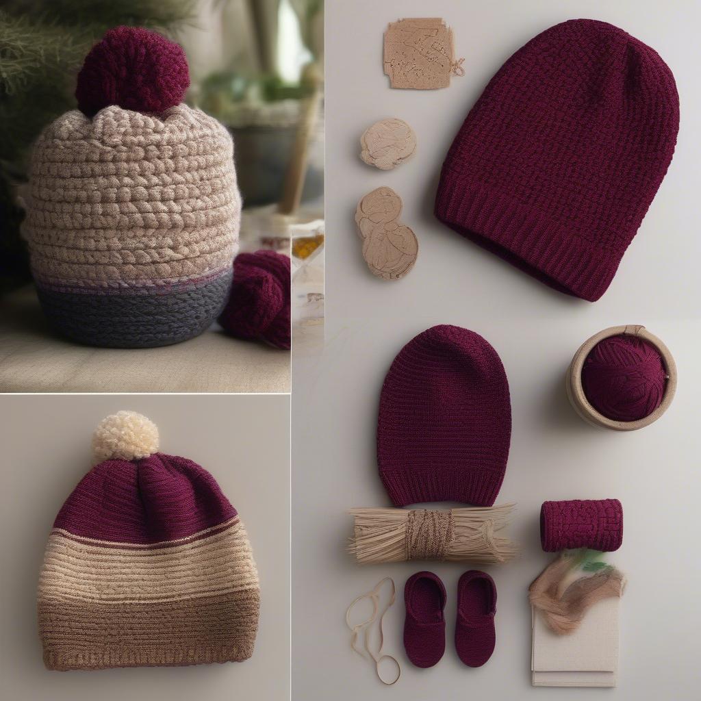 Several finished projects showcasing the versatility of the mini basket weave stitch, including a beanie, a small basket, and a coaster.